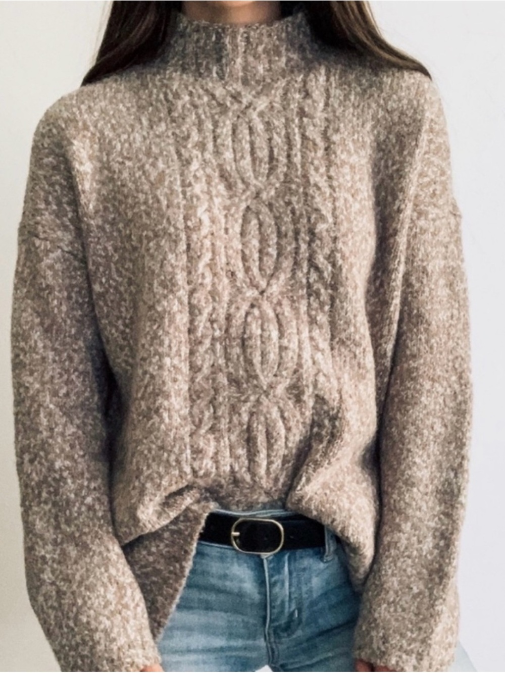 J. Jill Heather Taupe Cable Mock Neck Sweater